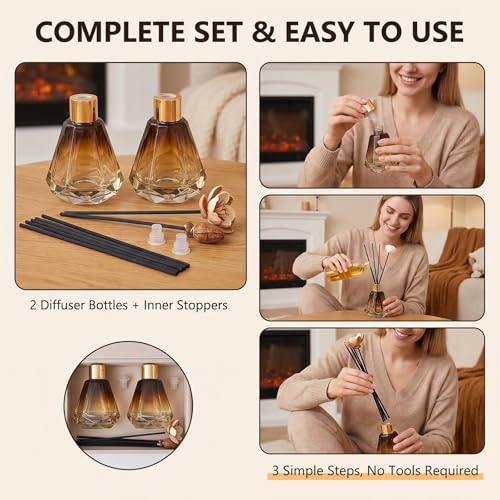 2Pcs 60ml/2oz Diffuser Bottles Empty Refillable Glass Diffusers Jars Aromatherapy Container Fragrance Accessories Use for DIY Replacement Diffuser Sticks Home Bathroom Decor