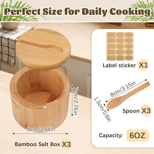 3 Pack Round Bamboo Salt Cellar Box with Magnetic Swivel Lid & Spoon,6 OZ | Round Salt Container Holder Spice Box with Label Stickers to Storage Pepper Spice Sea Herbs Sugar for Countertop,6 OZ