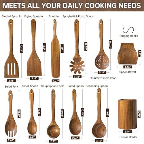 12 PCS Natural Acacia Wooden Utensil Set Wooden Spoons for Cooking | Non-Toxic, Nonstick Safe, Sturdy & Easy to Clean, Comes with Holder, Spoon Rest & 6 Hooks, Perfect Practical Kitchen Gift - size: 12 PCS SET