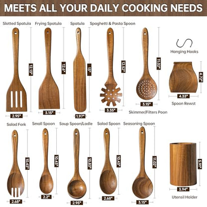 12 PCS Natural Acacia Wooden Utensil Set Wooden Spoons for Cooking | Non-Toxic, Nonstick Safe, Sturdy & Easy to Clean, Comes with Holder, Spoon Rest & 6 Hooks, Perfect Practical Kitchen Gift - size: 12 PCS SET