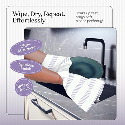 Lavender Stripe Kitchen Towels, 12 Pack, 100% Cotton, Super Absorbent and Quick Dry, Multi Pin Striped Towel Set, Durable Dish Cloths for Kitchen Use, Cleaning & Drying Dishes - color: Lavender, style: 12 Pack