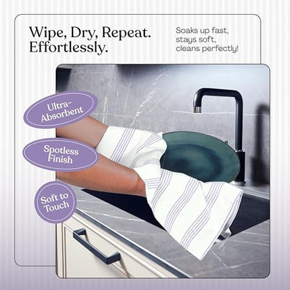 Lavender Stripe Kitchen Towels, 12 Pack, 100% Cotton, Super Absorbent and Quick Dry, Multi Pin Striped Towel Set, Durable Dish Cloths for Kitchen Use, Cleaning & Drying Dishes - color: Lavender, style: 12 Pack
