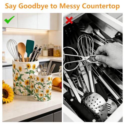Sunflower Utensil Holder, 7.1"+5.4" Ceramic Utensil Holder for Kitchen Counter, Cooking Utensil Crocks for Countertop, Utensil Storage Container Organizer for Spoon, Sunflower Farmhouse Kitchen Decor
