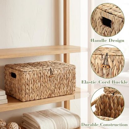Large Wicker Basket with Lid, Natural Water Hyacinth Storage Baskets with Built-in Handles Woven Decorative Box for Shelf Pantry Laundry, Home Organizer, 15.7"x11"x7.5" - size: 15.7"L x 11"W x 7.5"H