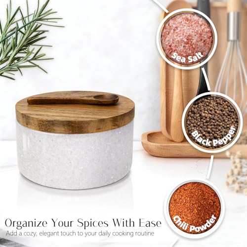 Marble Salt Cellar with Lid & Spoon, Salt Container, Salt Holder | Acacia Wood Lid, Wide Base with Non-Skid Feet, Moisture Proof Spice Cellars Keeps Salt, Pepper & Spices Dry, 6 oz (White) - color: White
