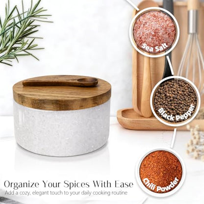 Marble Salt Cellar with Lid & Spoon, Salt Container, Salt Holder | Acacia Wood Lid, Wide Base with Non-Skid Feet, Moisture Proof Spice Cellars Keeps Salt, Pepper & Spices Dry, 6 oz (White) - color: White