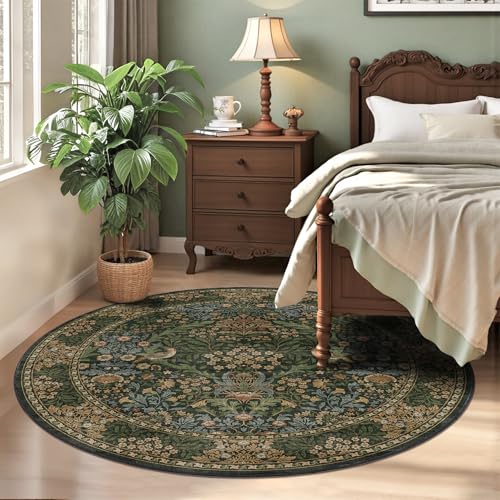 5ft Round Washable Area Rug Non-Slip Carpet for Bedroom Gold Green - color: Gold Green (Larger Pattern), size: 5' (Round)
