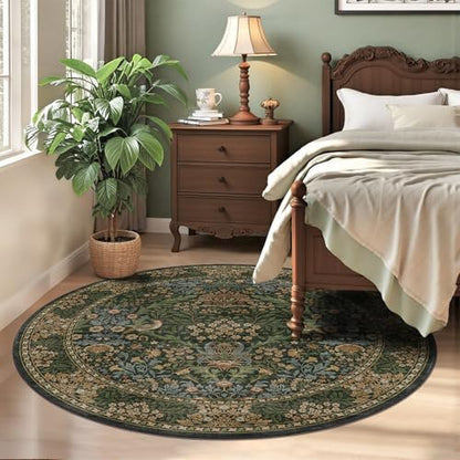 5ft Round Washable Area Rug Non-Slip Carpet for Bedroom Gold Green - color: Gold Green (Larger Pattern), size: 5' (Round)