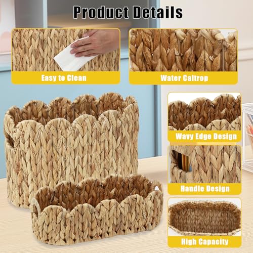 Garvee 2-Pack Scalloped Wicker Basket for Bathroom, Hand-Woven Rattan Toilet Paper Storage Basket with Built-in Handles, Small Decorative Organizer for Countertop, Shelf