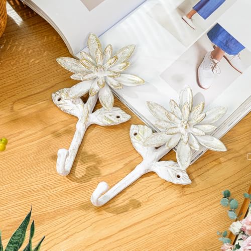 Sungmor 2 Pack Cast Iron Coat Hooks - Flower Shaped& Antique White | Heavy Duty Wall Hook for Coats,Hats,Keys - Hanger for Entryway,Bathroom and Bedroom - color: Antique White