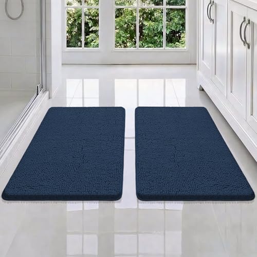 Bcoimo Bath Rug Mat Set, 2 Piece Thick Absorbent Chenille Bathroom Mat Navy | Non Slip with Rubber Backing Bathroom Rugs set; Machine Washable;Extra Soft Bath Rug;High Absorbent、Quick Dry Microfiber mat - color: Navy, size: 30×20 Plus 30×20