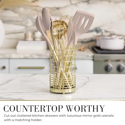 Styled Settings Beige & Gold Kitchen Utensils Set, 7-Piece | Silicone Cooking Utensils for Cooking, Serving, & Hosting - Ideal for Nonstick Cookware, with Gold Utensil Holder - color: 7 Piece Beige & Gold