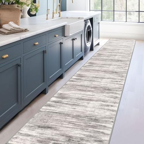 KOZYFLY Modern Abstract Washable Rug Runner 2.6x14 Hallway Rug Runner Non-Slip Soft Kitchen Runner Rugs, Grey/Light Beige/Brown Striped Carpet for Entryway Bathroom - color: Grey/Light Beige/Brown, size: 2'8" x 14' (Runner)