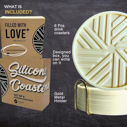 Silicone Coasters Set of 6 with Gold Holder and Modern smart Pattern, Protection for Coffee Table - Ivory - color: Neutral Ivory