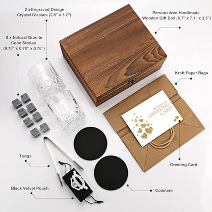 Whiskey Stones and Whiskey Glasses Set, Unique Gifts for Men with Wood Box | 8 Granite Chilling Stones Whiskey Rocks, Scotch Bourbon Gift Box, Father's Day Birthday Drinking Gifts for Him Dad Husband - style: Straight Glasses+Granite Stones+Coasters-No Wo