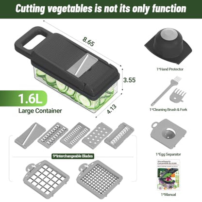 12-in-1 Vegetable Chopper 7 Blades, Veggie Cutter with Handle, Grey | Stainless Steel Blades, Food Container and Lid, Dicer, Slicer, Julienne, Egg Separator, Non-slip Base, Include Cleaning Tools - color: Gray, size: 7 blades