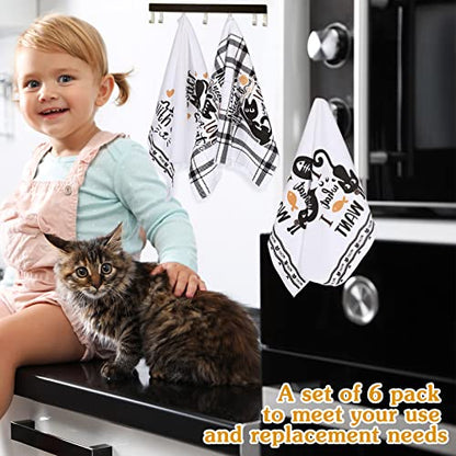 Redbaker 6 Pcs Black Cat Theme Kitchen Towels Funny Dish Towel | Black White Kitchen Hand Tea Dishcloth with Hanging Loop for Cat Lover Bathroom Home Housewarming Gift - style: Black Cat