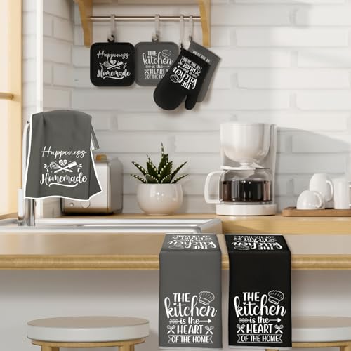 Sratte 12 Pcs Farmhouse Kitchen Decor and Accessories Sets 4 Black and Grey Kitchen Towels 4 Pot Holders 4 Oven Mitts Gloves for Home Rustic Decor Baking Cooking Supply