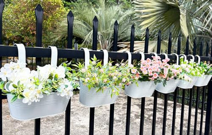 6 Pack 10" Metal Hanging Fence Planter Outdoor with Detachable Hooks, White | Removable hook, Drainage hole, Rustproof, For flowers / herbs / succulents, veggies, For railings / fences / balconies - color: White