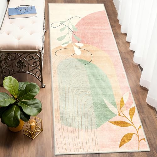 Washable Runner Rug 2x6 Area Rug Non Slip Mid Century Modern | Long Throw Carpet Runner for Hallway Kitchen Bedroom Bedside Laundry Room Floor Boho Abstract Retro Geometric Pink - color: Pink（modern）, size: 2' x 6' (Rectangular)