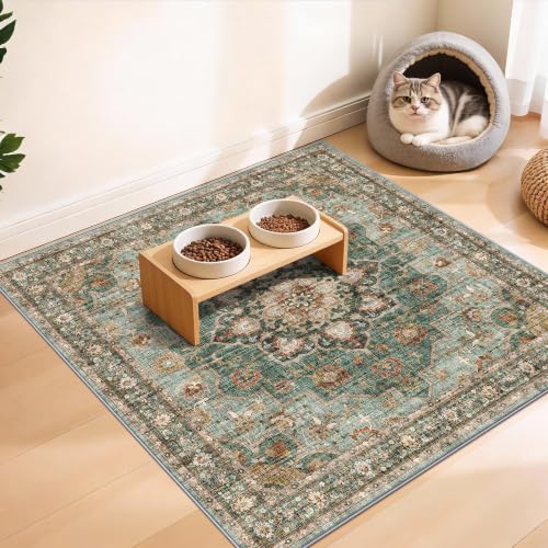 3x3 Washable Rug: Area Rugs for Kitchen Bedroom Bedside Bathroom Entryway | Non Slip Rug with Rubber Backing Low Pile Ultra Soft Stain Resistant Small Carpet Waterproof Easy-Clean Area Rug (Green, 3x3) - color: Green, size: 3' x 3' (Square)