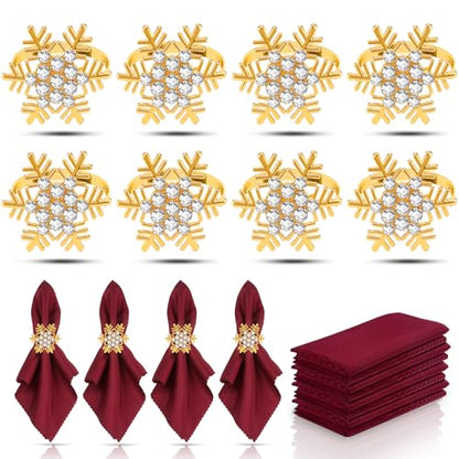 KPOSIYA 16pcs Snowflake Christmas Napkin Rings Set of 8 and 8 Christmas Napkins Cloth, Gold Napkins holdes for Dinning Table Setting Decoration, Xmas Dinner Tables Rings for Winter Party - size: 8pcs, style: Gold Snow