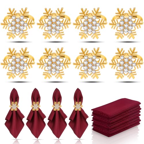 KPOSIYA 16pcs Snowflake Christmas Napkin Rings Set of 8 and 8 Christmas Napkins Cloth, Gold Napkins holdes for Dinning Table Setting Decoration, Xmas Dinner Tables Rings for Winter Party - size: 8pcs, style: Gold Snow