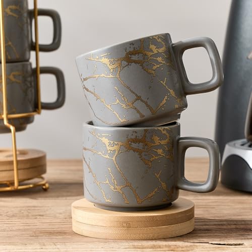 LUKA Porcelain Espresso Cup with Saucer and Metal Stand, 4 Ounce Stackable Ceramic Demitasse Espresso Mugs Cups Set for Latte, Specialty Coffee Drinks, Cafe Mocha,Tea - Set of 4, Gray - color: Gray