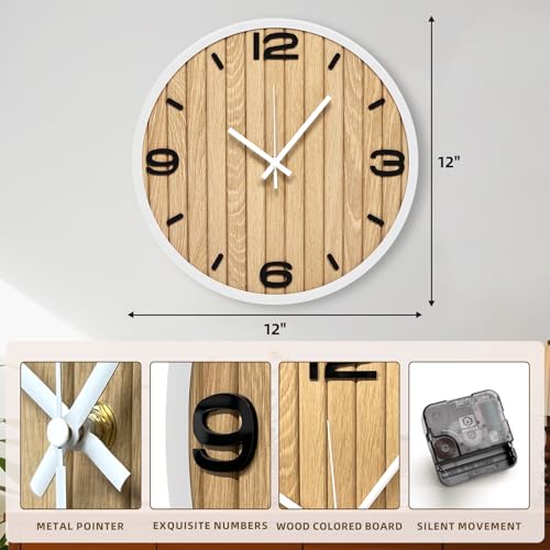 Round Wall Clock Battery Operated, Modern Wooden Small Analog Clocks 12 Inch Silent Non-Ticking for Home, Office, Apartment, Living Room, Bathroom, Kitchen, Bedroom - color: B - 12x12 in