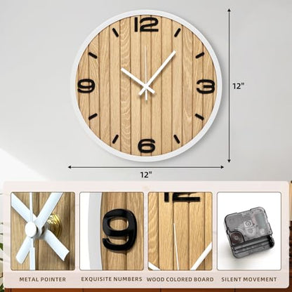 Round Wall Clock Battery Operated, Modern Wooden Small Analog Clocks 12 Inch Silent Non-Ticking for Home, Office, Apartment, Living Room, Bathroom, Kitchen, Bedroom - color: B - 12x12 in
