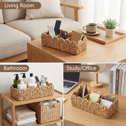 Novabright 2 Pack Toilet Tank Basket, Scalloped Wicker Storage with 3 Compartments, Hand Woven Water Hyacinth Tank Topper for Toilet Paper Storage, Bathroom Shelves, Countertop Organizer