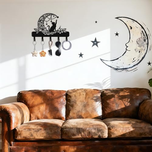 Cat Key Holder for Wall, Cat on Moon Entryway Decorative Key Hooks | Cat with floral moon & star design, 6 hooks 13.4" x 9.5", for keys, entryway, cute storage & wall decor gift.