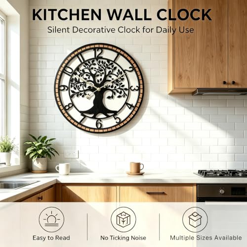 Large Wall Clock for Living Room Decor 24 Inch Tree of Life Metal Wall Art, Non-Ticking Battery Operated Metal Black with Solid Wood Frame for Office/Bedroom/Kitchen/Dining Room Decoration - size: B 24 Inch
