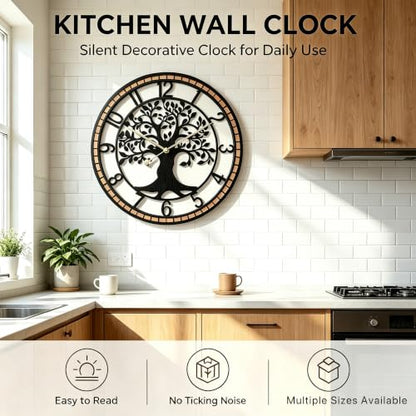 Large Wall Clock for Living Room Decor 24 Inch Tree of Life Metal Wall Art, Non-Ticking Battery Operated Metal Black with Solid Wood Frame for Office/Bedroom/Kitchen/Dining Room Decoration - size: B 24 Inch
