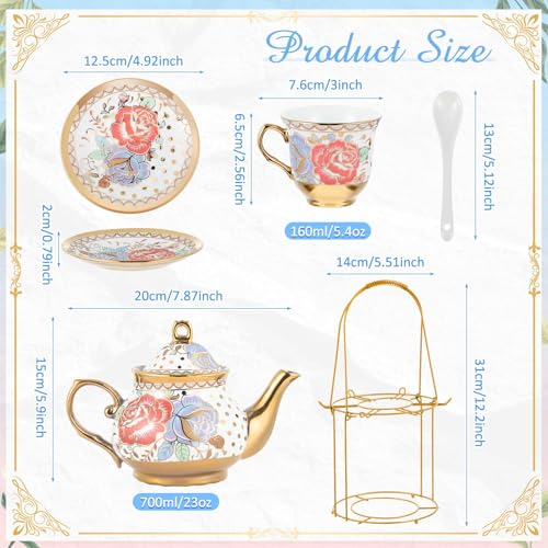 Zhehao 20 Pcs Porcelain Tea Set with Metal Holder and Spoon Adult Ceramic Tea Set European Flower Painting Teapot Cup Saucer Spoon for Women Mom Gift, Large Version (Romantic Style) - color: Romantic Style