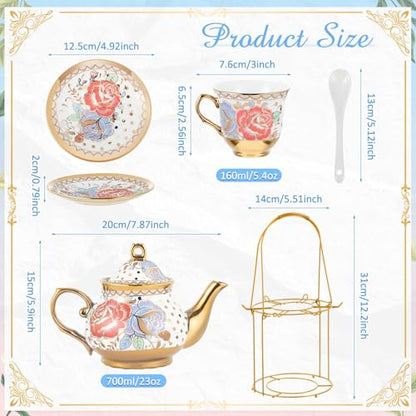 Zhehao 20 Pcs Porcelain Tea Set with Metal Holder and Spoon Adult Ceramic Tea Set European Flower Painting Teapot Cup Saucer Spoon for Women Mom Gift, Large Version (Romantic Style) - color: Romantic Style