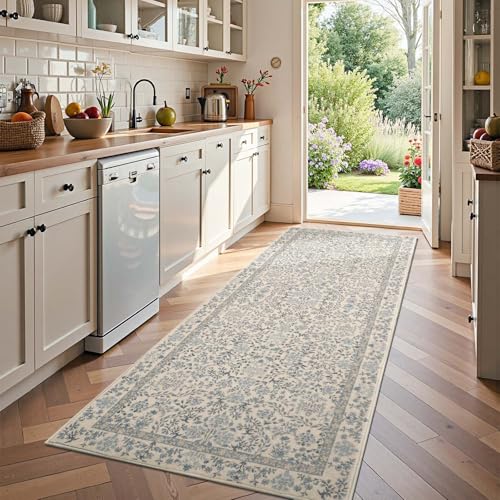 jinchan 3x10 Washable Hallway Runner Rug, Floral Non-Slip, Blue/Cream | Soft Low-Pile, Botanical Throw Carpet for Kitchen Entryway Laundry Room Bedroom - color: Blue/Cream, size: 3' x 10' (Rectangular)