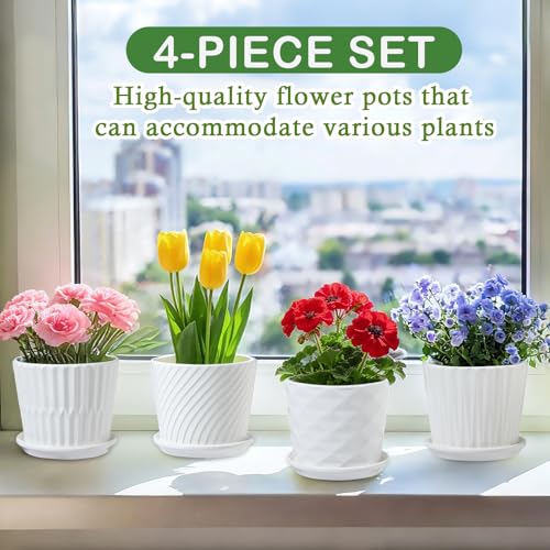 sietpoek 5.5” Ceramic Plant Pots with Drainage and Saucer 4PCs White | White Ceramic Flower Pots with Drainage Hole and Saucer, Decorative Planter for Indoor Outdoor Garden Plants Succulen - size: 5.5 Inch