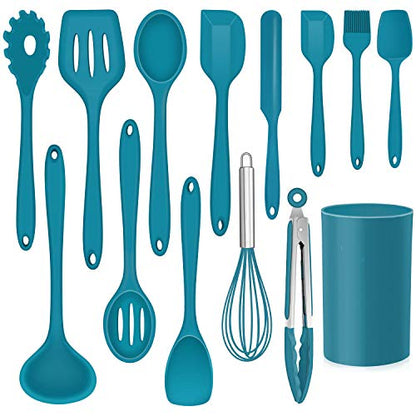 LIANYU 14 Pcs Silicone Kitchen Cooking Utensils Set with Holder,Dark Blue | 446°F Heat Resistant Silicone Cooking Utensils Spatula Set, Non-Stick & Dishwasher Safe Cooking Tools, Comfort Grip Handle - color: Dark Blue