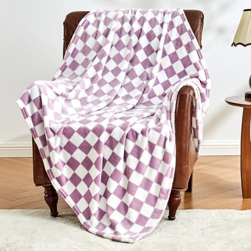 Edenleaf Purple Checkered Fleece Throw Blanket for Couch Warm Home Decor | Ultra Soft Cozy Fuzzy Blanket for Bed Sofa, Fluffy Lightweight Throw for Travel, Cute Holiday Gifts, All Seasons, 50"x60" - color: 01 Purple, size: Throw-50"x60"