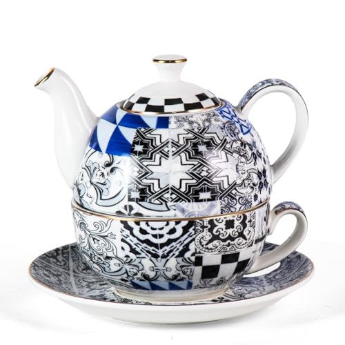 KAMMAK Tea for One Set, Ceramic Teapot, Bone China Tea Set, Cup and Saucer | Porcelain, Golden Trim, Stackable Tea Pot Set with Infuser for Coffee and Cappuccino, Ideal for Afternoon Tea and Gifts, YX17 - color: Black and White-XY17