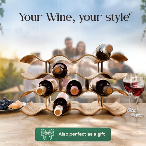 Wooden Wine Rack 14 Bottles Countertop | Freestanding Natural Wood Bottle Holder | Modern, Decorative & Space-Saving | Slim & Compact Design | 4 Tiers (16,9 x 14,6, x 6,2 in) - size: 14 Bottles