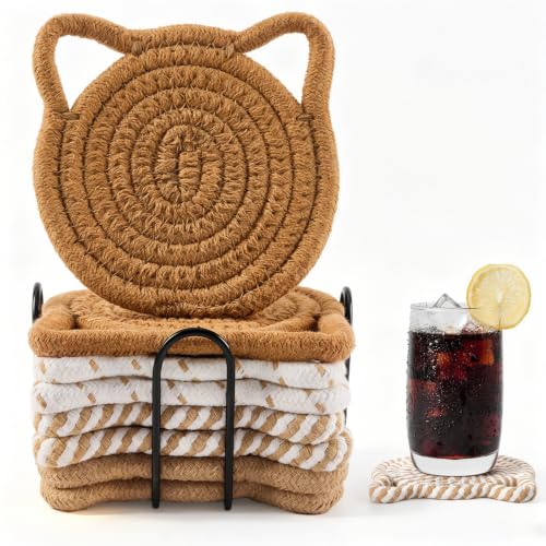 Coasters Set of 8 with Holder for Drinks, Absorbent Cotton Woven Coasters for Desk, Cute Cup Coaster Set for Living Room Decor and Tabletop Protection (Mixed Brown) - color: Mixed Brown
