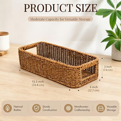 ZAVOOS 2 Pack Toilet Tank Basket with Handwoven Built-in Handle | Rectangular Wicker Shelf Baskets for Organizing, Countertop Storage Bin for Bathroom Tank Top, Bedroom Closet