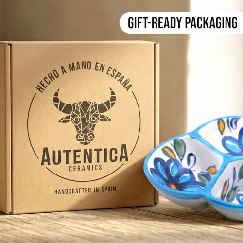 3-Compartment Ceramic Serving Dish, Handmade in Spain | 7.5” divided chip and dip bowl with lead-free glaze, microwave, oven and dishwasher safe, ideal for tapas, snacks and sauces - color: Blue Daisy