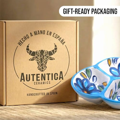 3-Compartment Ceramic Serving Dish, Handmade in Spain | 7.5” divided chip and dip bowl with lead-free glaze, microwave, oven and dishwasher safe, ideal for tapas, snacks and sauces - color: Blue Daisy