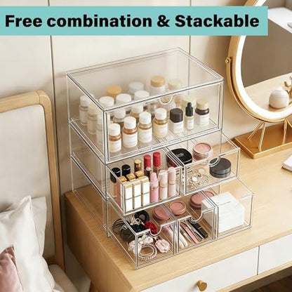 Prsildan Acrylic Makeup Organizer, 2 Pack Stackable Clear Storage Drawers for Baby Bottles Desk Organizers with 2 Drawers for Countertop Vanity Nursery Modular System for Cosmetics Jewelry - size: Stackable-2 Drawers