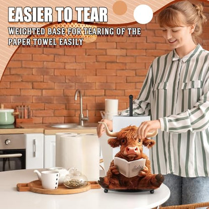 Highland Cow Paper Towel Holder Countertop Kitchen Decor and Accessories Black Metal Farmhouse Large Tissue Stand for Home Bathroom 3D Cow Hand Painting Pattern Farm Table Decor Gifts - style: Highland Cattle
