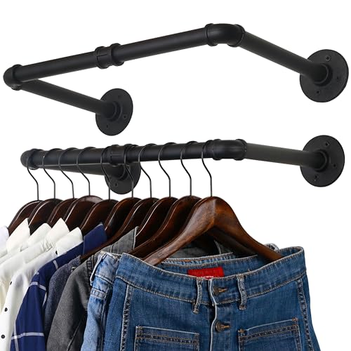 WEBI Clothing Rack Wall Mount,20" Industrial Pipe Clothes Rack for Hanging Clothes,Heavy Duty Iron Garment Rack Bar,Retail Display Clothes Rod for Closet,Laundry Room,Black,2 Packs - color: Black, size: 20 Inch(2 Packs)