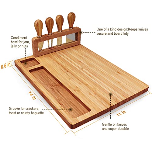 Widousy Bamboo Cheese Board Set, Cheese Tray, Charcuterie Board and Serving Meat Platter with 4 Stainless Steel Cheese Knives, Ideal for Wedding Gifts Christmas Birthday Party (14''x11'')